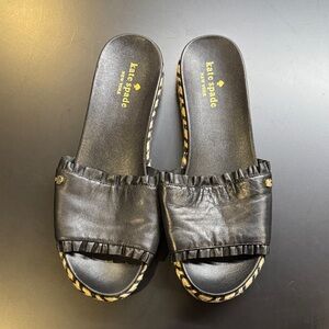 Kate Spade Black Leather Slip On Espadrille Zahara Slide Sandals Sz 7.5